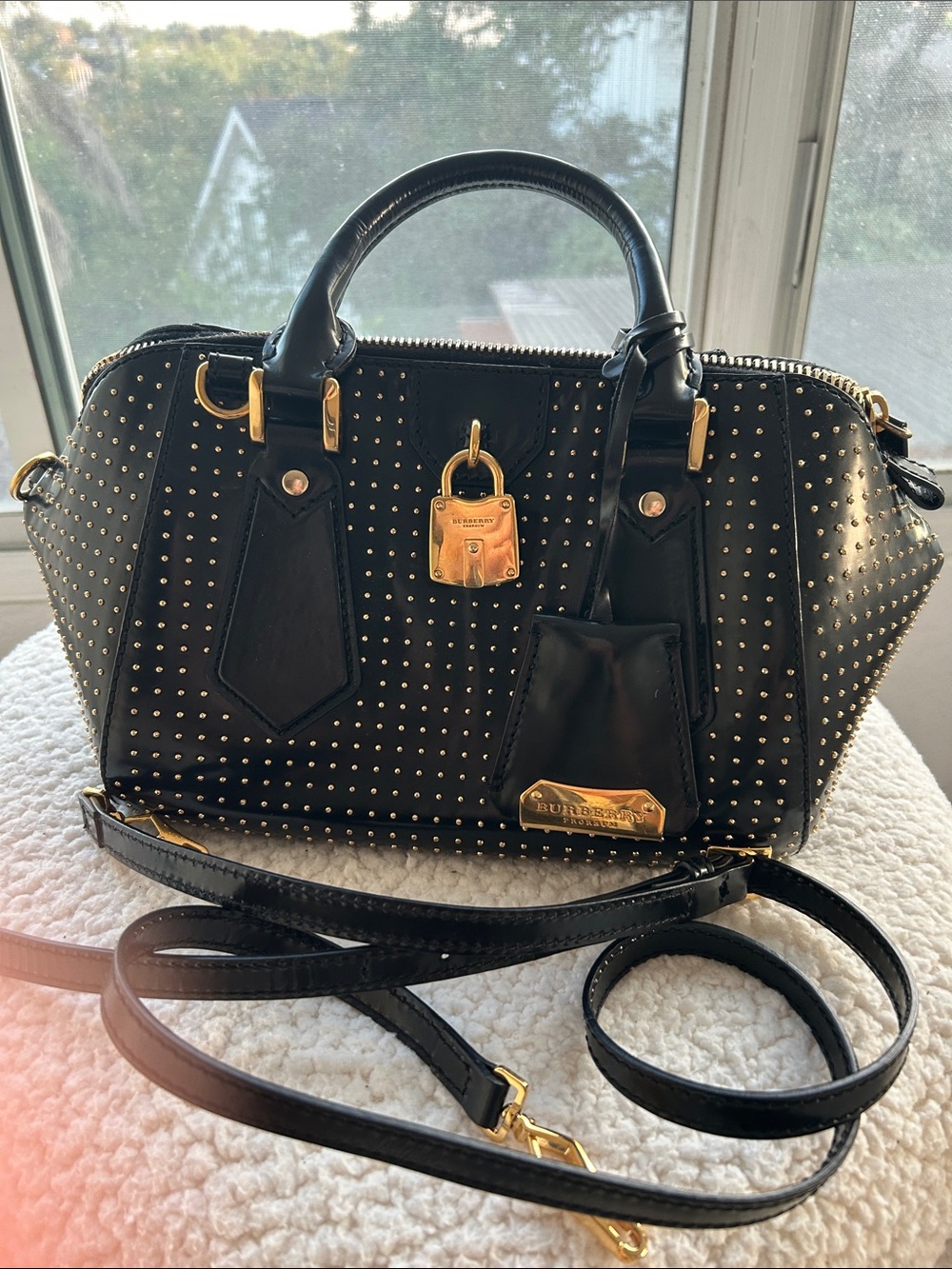Burberry Black Stud-Embellished Leather Satchel with Gold Hardware